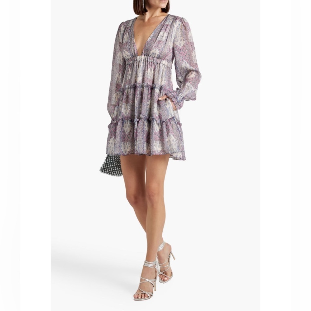 CAMI NYC Venezia cutout tiered printed silk-voile mini dress long sleeves S